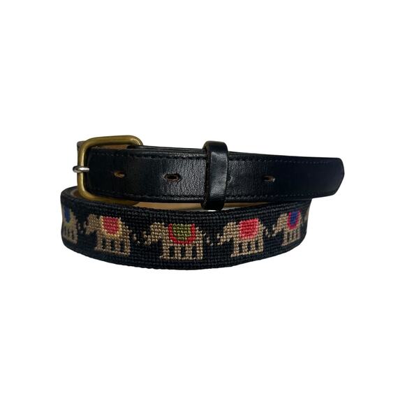 Vintage Elephant Needlepoint Belt Black Leather Preppy Size 31 main image 4